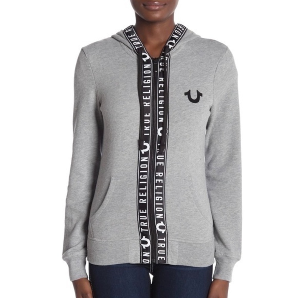 True Religion Logo Black Grey Zip Up Hoodie/Sweatshirt Size S